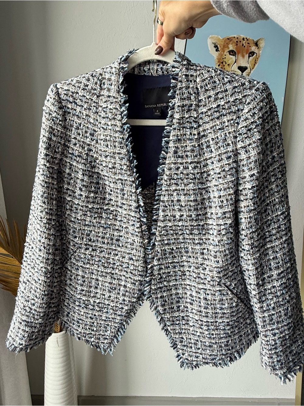 Banana Republic Metallic Tweed Fringe Open Drape Blazer Jacket Size 6